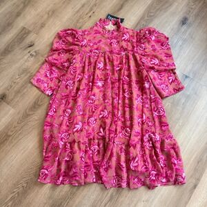 NWT BOOHOO Printed Puff Sleeve‎ Ruffle Neck Smock Dress Pink Floral US Size 8